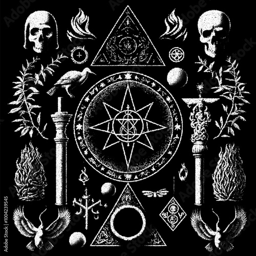 Occult symbols composition in dotwork style. Abstract mystic elements, Skull, leaves and sacred triangle, in retro flat lay composition