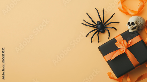 Obraz na płótnie Minimalist Halloween greeting card layout featuring a spider, skull, and a small black gift box with orange ribbon, positioned on a pale orange background w salonie