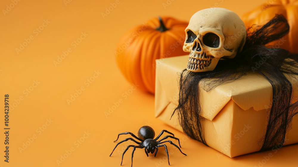 Halloween-themed greeting card copy space with a creepy spider crawling near a wrapped gift box and a skull centerpiece, set against a light orange backdrop