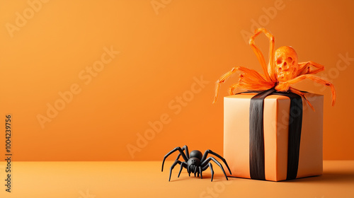 Obraz na płótnie Halloween-themed greeting card copy space with a creepy spider crawling near a wrapped gift box and a skull centerpiece, set against a light orange backdrop w salonie