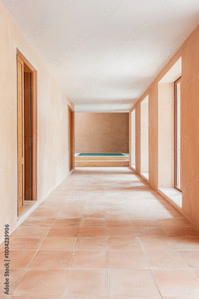 A serene hallway featuring wooden doors and natural light illuminating a minimalist design in a tranquil indoor space A serene hallway featuring wooden doors and natural light illuminating a minimalist design in a tranquil indoor space