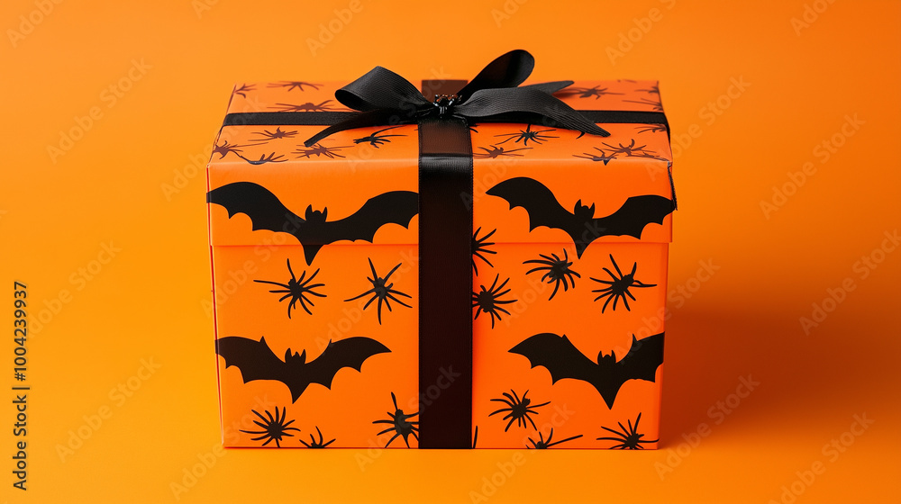 Halloween-themed gift box with black bats and spiders scattered on an orange backdrop, perfect for festive celebrations