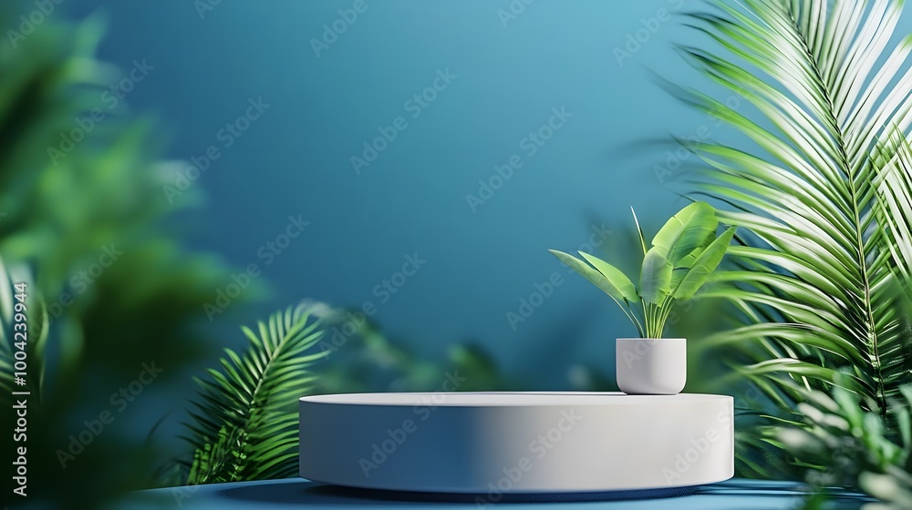 3D rendering platform podium with plant product presentation background. Contemporary design with a circular podium and decorative plant. product presentation, mock-up, cosmetic display, Podium, stage 3D rendering platform podium with plant product presentation background. Contemporary design with a circular podium and decorative plant. product presentation, mock-up, cosmetic display, Podium, stage