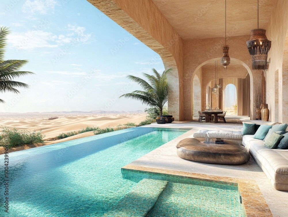 Obraz premium A pool with a white wall and a white roof