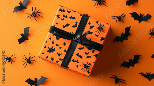 Obraz na płótnie Halloween-themed gift box with black bats and spiders scattered on an orange backdrop, perfect for festive celebrations w salonie