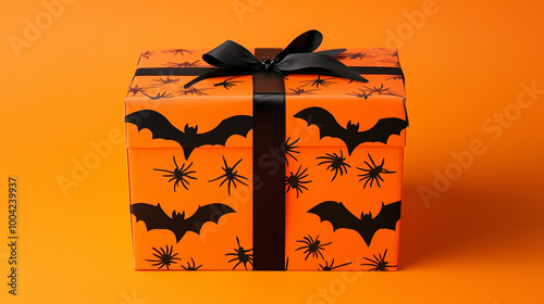 Halloween-themed gift box with black bats and spiders scattered on an orange backdrop, perfect for festive celebrations