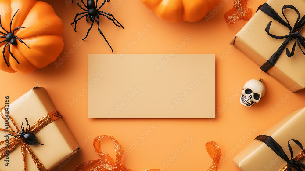 A festive Halloween card mockup with a central blank space surrounded by a spider, a skull ornament, and a wrapped gift box, all placed on a light orange surface