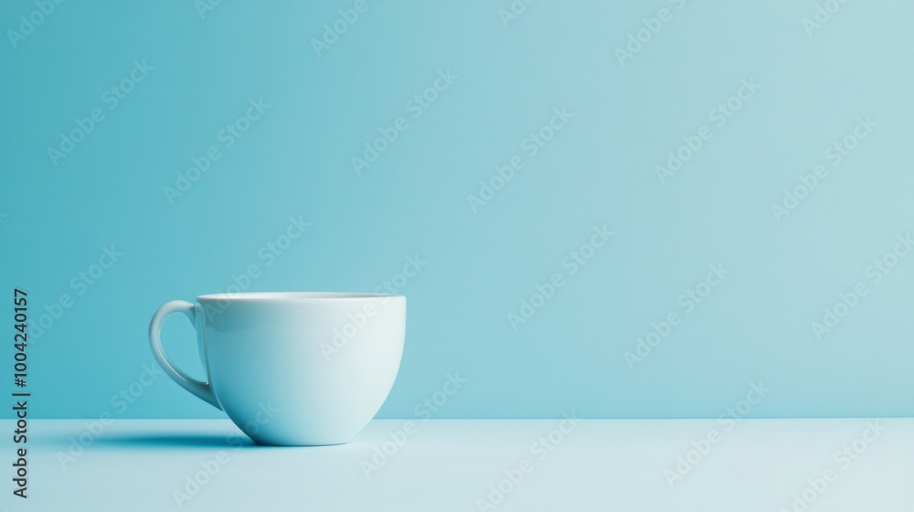 A white coffee cup sits on a blue background A white coffee cup sits on a blue background