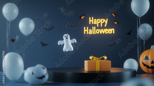 Obraz na płótnie Halloween party setup with a sleek black podium, ghost and bat balloons floating above, a wrapped gift box with a yellow ribbon, and a glowing Happy Halloween banner w salonie