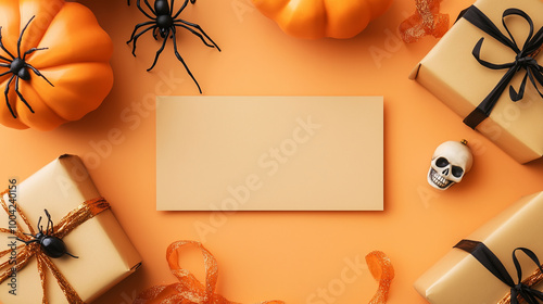 Obraz na płótnie A festive Halloween card mockup with a central blank space surrounded by a spider, a skull ornament, and a wrapped gift box, all placed on a light orange surface w salonie
