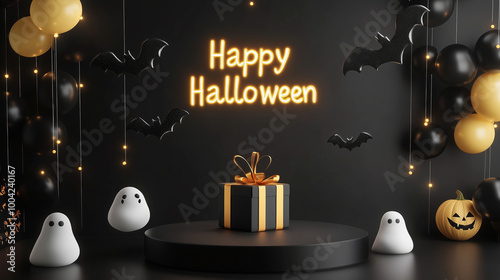 Halloween party setup with a sleek black podium, ghost and bat balloons floating above, a wrapped gift box with a yellow ribbon, and a glowing Happy Halloween banner