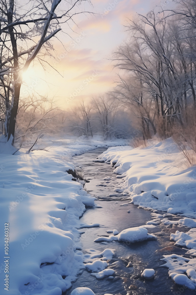 Winter river landscape with snow-covered banks and trees illuminated by a sunrise
Winter river landscape with snow-covered banks and trees illuminated by a sunrise