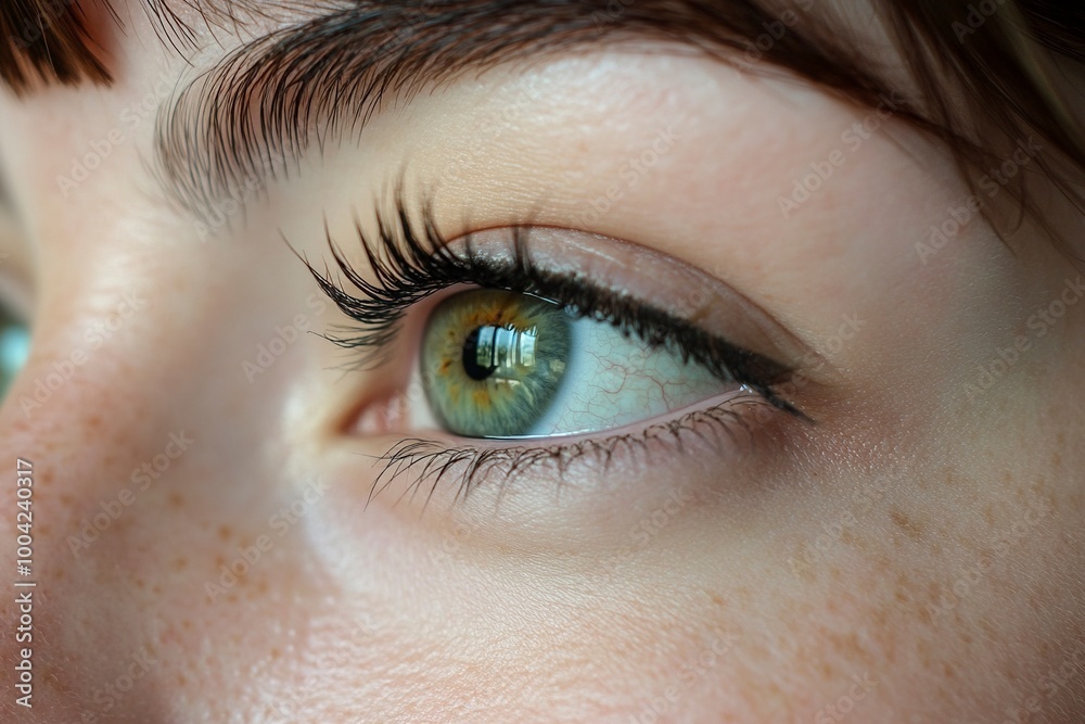 A close-up image showcasing the beautiful green eyes of a woman with natural makeup. Ideal for beauty, skincare, generative ai A close-up image showcasing the beautiful green eyes of a woman with natural makeup. Ideal for beauty, skincare, generative ai