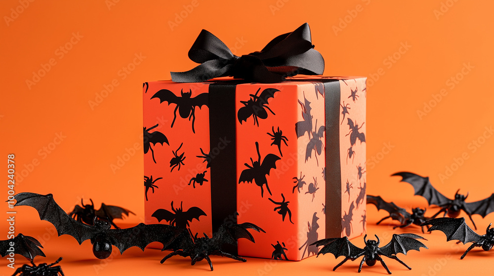 A detailed Halloween gift box surrounded by black bats and spiders, resting on an orange backdrop, capturing the spooky atmosphere of Halloween