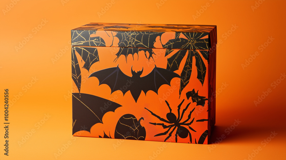 A colorful Halloween-themed gift box with black bats and spiders, placed on an orange background, ideal for festive Thanksgiving events