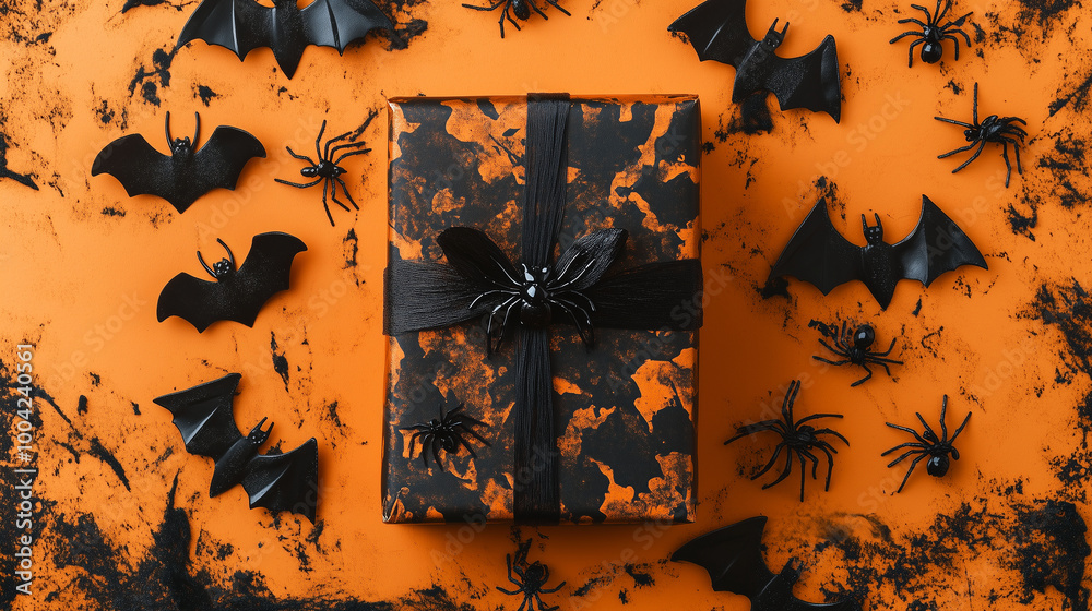 A detailed Halloween gift box surrounded by black bats and spiders, resting on an orange backdrop, capturing the spooky atmosphere of Halloween