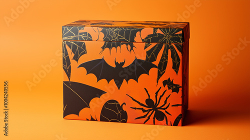Obraz na płótnie A colorful Halloween-themed gift box with black bats and spiders, placed on an orange background, ideal for festive Thanksgiving events w salonie