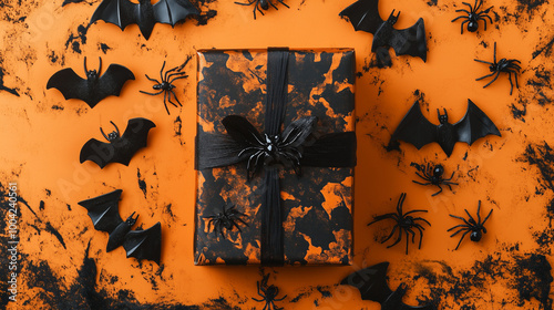 Obraz na płótnie A detailed Halloween gift box surrounded by black bats and spiders, resting on an orange backdrop, capturing the spooky atmosphere of Halloween w salonie
