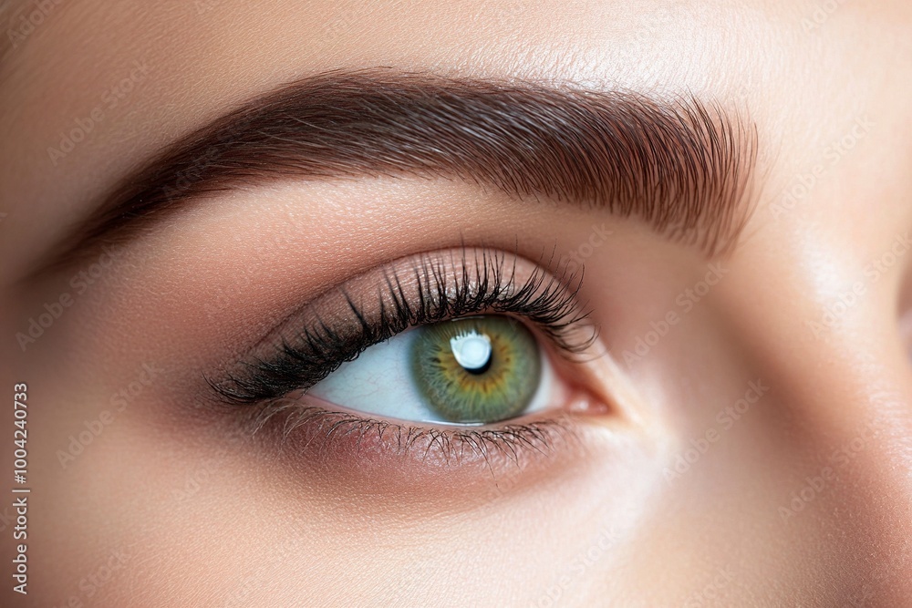 A close-up image showcasing the beautiful green eyes of a woman with natural makeup. Ideal for beauty, skincare, generative ai