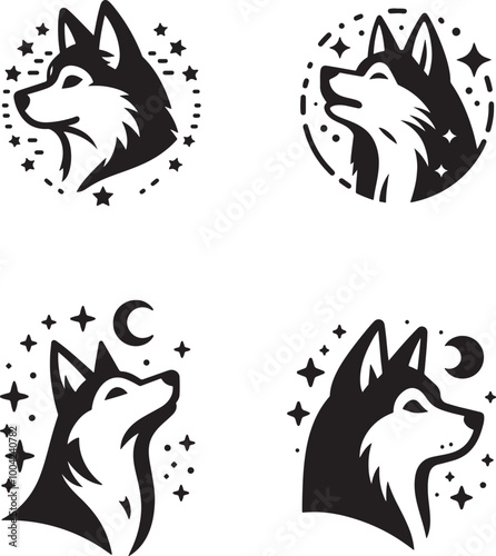 Laika dog head silhouette vector art facing left minimal black lines on a white background with stars around the silhouette and howling at the moon