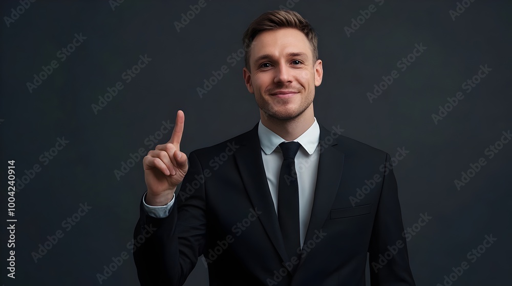 Businessman wear classic formal black suit shirt tie work in office point index finger aside on area isolated on plain black background studio portrait. Copy space at his hand for promotion and advert Businessman wear classic formal black suit shirt tie work in office point index finger aside on area isolated on plain black background studio portrait. Copy space at his hand for promotion and advert