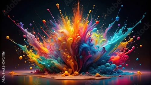 Vibrant and dynamic oil paint explosion with bright colors and shapes on dark background