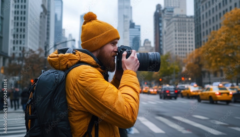 Urban Photography Capturing the Vibrant Energy of City Life, Photographer with Camera on Busy Street Corner Urban Photography Capturing the Vibrant Energy of City Life, Photographer with Camera on Busy Street Corner