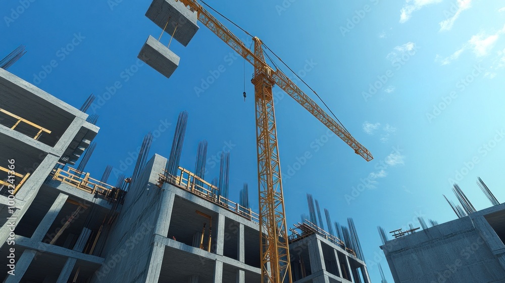 Fototapeta premium Construction Crane Lifting Concrete Block