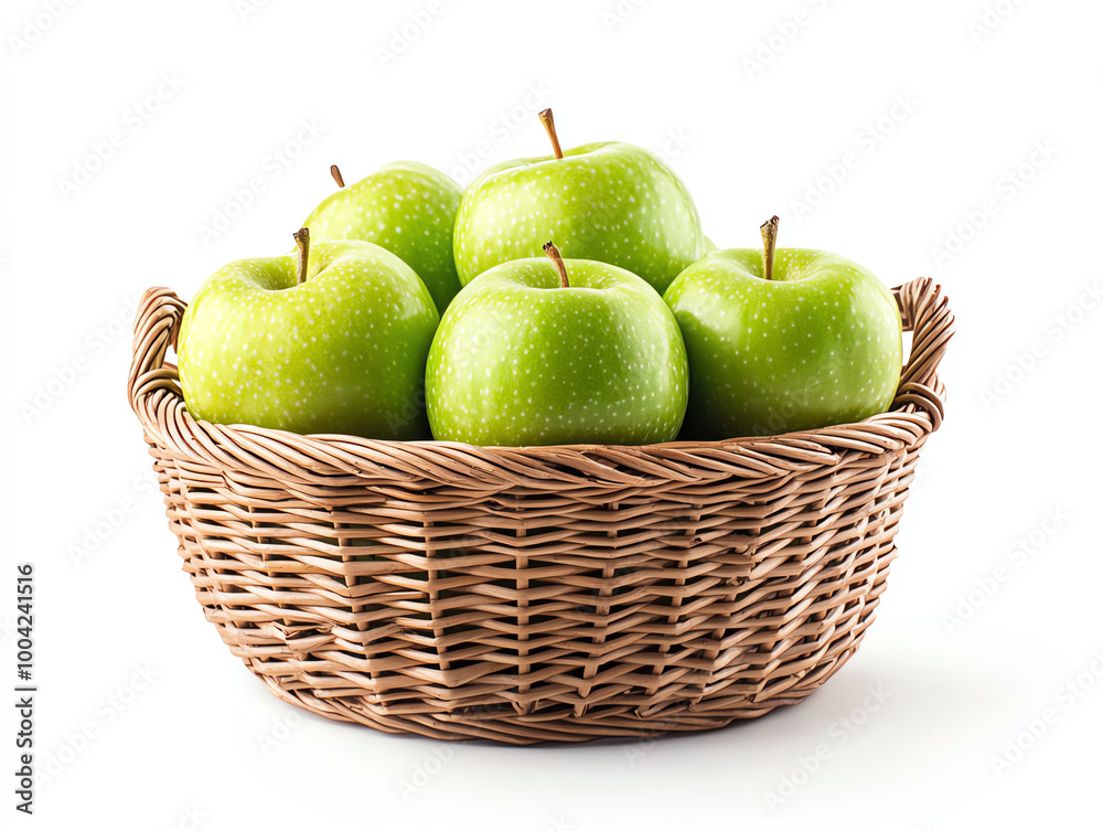 Green apples in a wicker basket, white isolated background. Green apples in a wicker basket, white isolated background.
