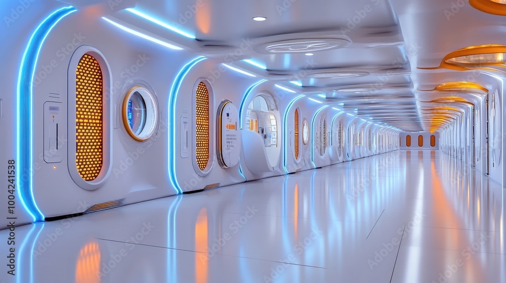 Underground high-tech prison with glowing security systems, futuristic cell design Underground high-tech prison with glowing security systems, futuristic cell design