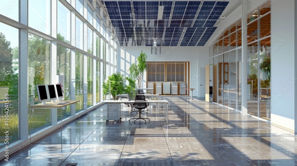 Bright Modern Office with Solar Panels and Greenery Bright Modern Office with Solar Panels and Greenery