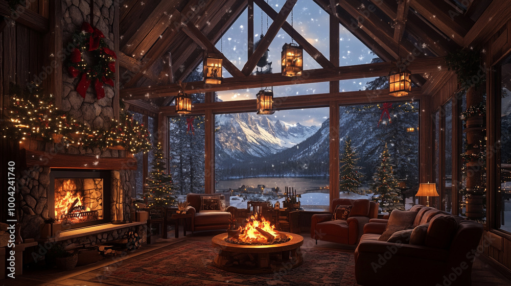 A cozy winter cabin or room with a fireplace, large windows overlooking snow-covered mountains and a lake, Christmas decorations, warm lighting from lanterns hanging on the ceiling, comfortable chairs A cozy winter cabin or room with a fireplace, large windows overlooking snow-covered mountains and a lake, Christmas decorations, warm lighting from lanterns hanging on the ceiling, comfortable chairs