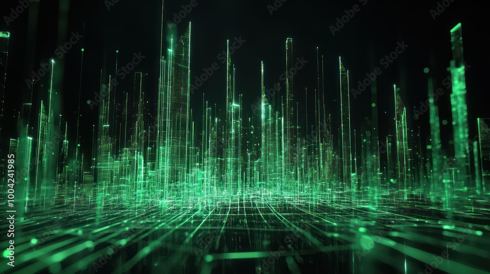 Abstract digital landscape with vertical lines and glowing green elements. Abstract digital landscape with vertical lines and glowing green elements.