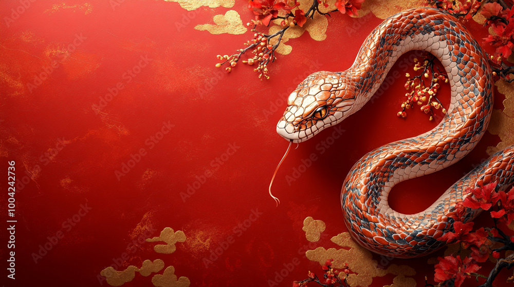Chinese New Year, year of the snake. Chinese snake on a red background, with copy space. New Year 2025 Chinese New Year, year of the snake. Chinese snake on a red background, with copy space. New Year 2025