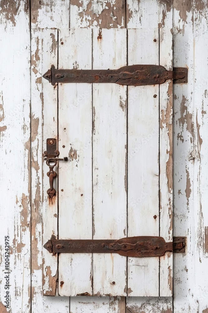 Weathered Barn Door with Rusty Hinges and Peeling Paint in Rustic Country Setting Weathered Barn Door with Rusty Hinges and Peeling Paint in Rustic Country Setting