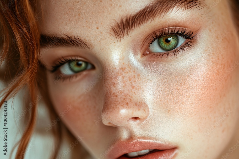 Fototapeta premium A close-up image showcasing the beautiful green eyes of a woman with natural makeup. Ideal for beauty, skincare, generative ai
