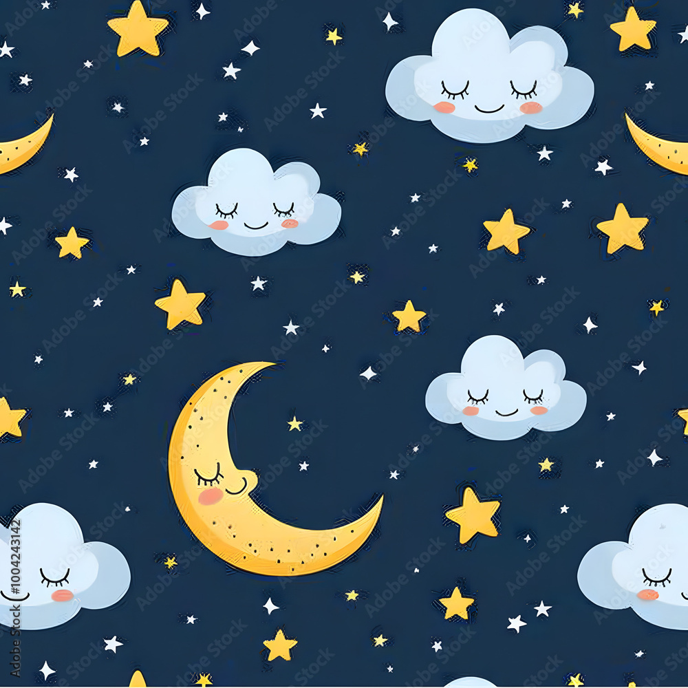 Fototapeta premium Cute pattern with smiling clouds, moons, and stars on a blue background. Whimsical and playful design, perfect for children's themes