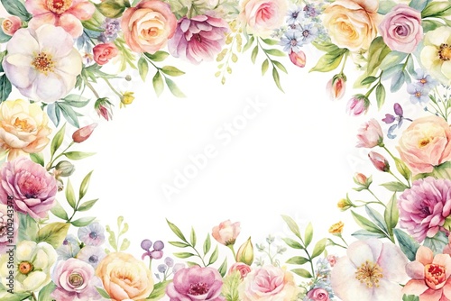 Panoramic light watercolor flower frame on a white background