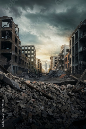 War-Torn City Ruins: Abandoned Buildings, Piles of Debris, and Streets in Ruin, Set Against a Dark Sky, Illustrating the Complete Destruction and Devastation of a Once Vibrant Metropolis