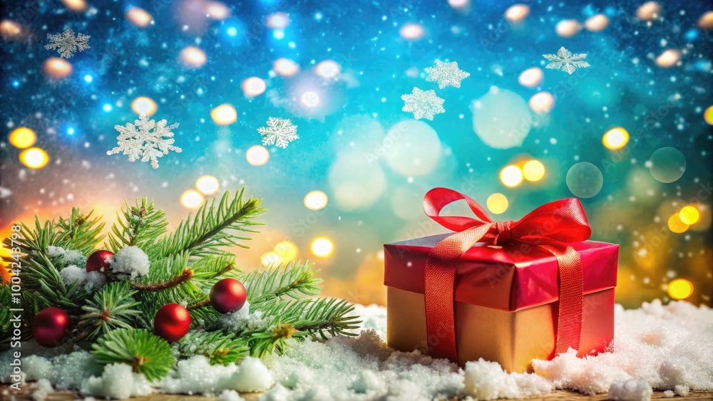 Christmas Background with Snow Effect Gift Box and White Snowflakes for Happy New Year Card Design Christmas Background with Snow Effect Gift Box and White Snowflakes for Happy New Year Card Design