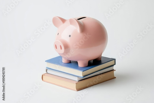 Piggy bank with a stack of books, symbolizing knowledgebased financial planning, Knowledge piggy bank, strategic education photo