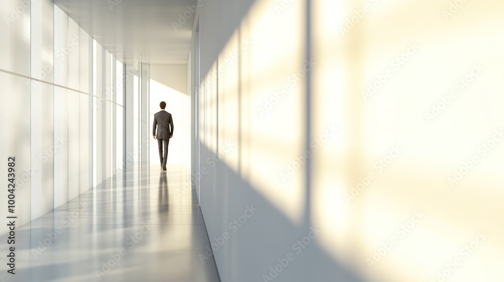 Fototapeta premium A solitary figure walks down a bright, minimalistic corridor, suggesting contemplation and focus.