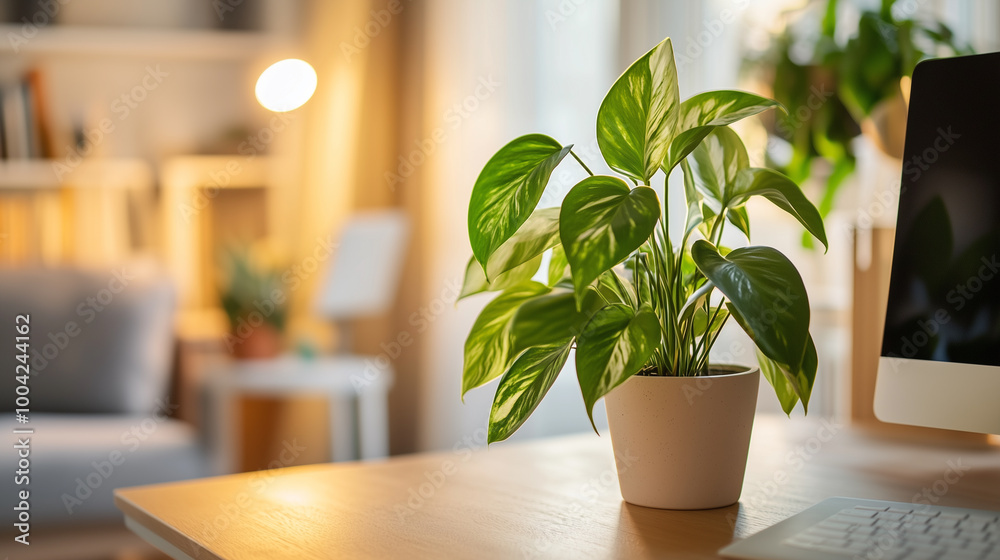 A potted pothos plant in an office setting, placed on the desk near a computer monitor, with a soft-focus background featuring natural light and warm colors, Generative AI A potted pothos plant in an office setting, placed on the desk near a computer monitor, with a soft-focus background featuring natural light and warm colors, Generative AI