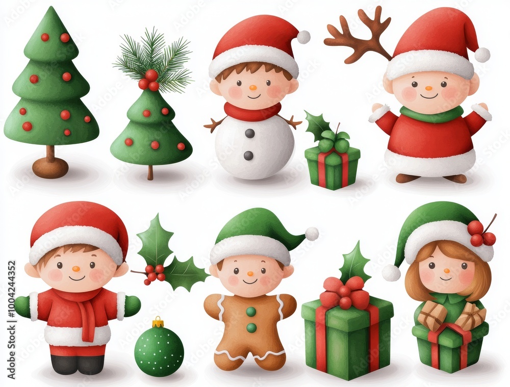 Santa Claus, Gingerbread, gifts, snowmen, and a sled in watercolor. Santa Claus, Gingerbread, gifts, snowmen, and a sled in watercolor.