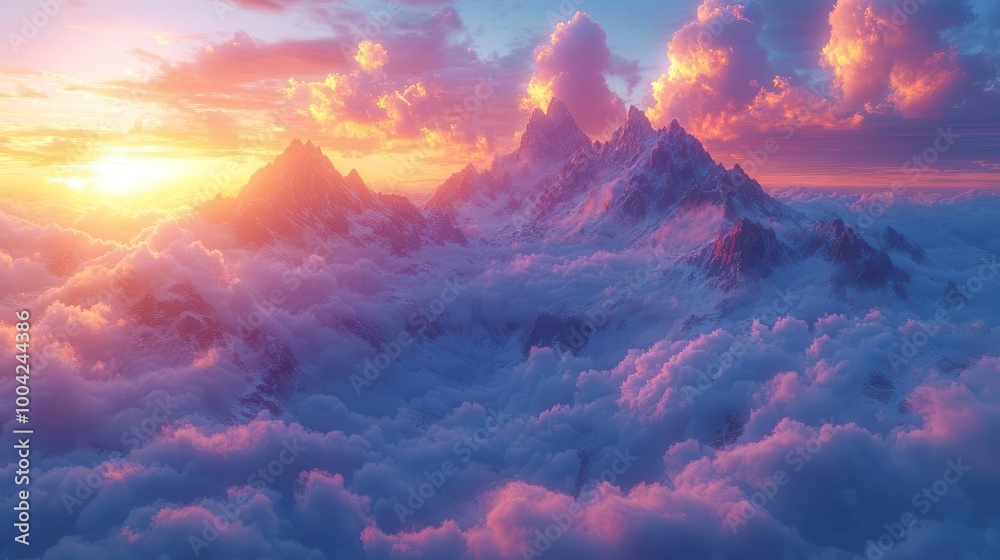 majestic mountain range at sunrise with soft clouds enveloping the peaks evoking a sense of awe and tranquility in natures beauty majestic mountain range at sunrise with soft clouds enveloping the peaks evoking a sense of awe and tranquility in natures beauty