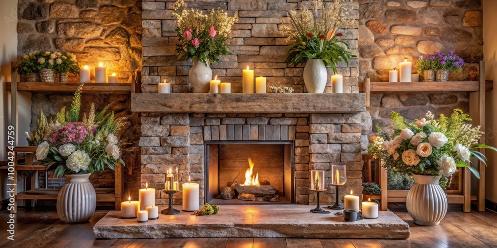 Rustic Stone Mantle Decor with Candles and Flowers in Cozy Living Room Interior Rustic Stone Mantle Decor with Candles and Flowers in Cozy Living Room Interior