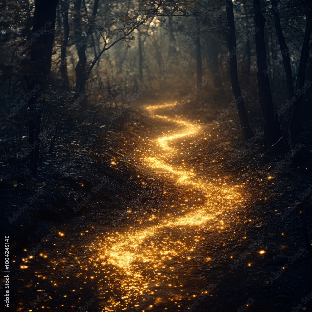 Fototapeta premium A mystical forest path illuminated by glowing particles.