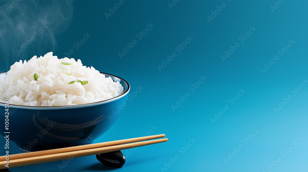 Steaming white rice in blue bowl with green onions, accompanied by chopsticks, creates warm and inviting atmosphere. Steaming white rice in blue bowl with green onions, accompanied by chopsticks, creates warm and inviting atmosphere.