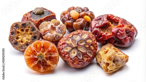 Close-Up Images of Kidney Stones in Various Shapes, Sizes, and Colors on a White Background photo