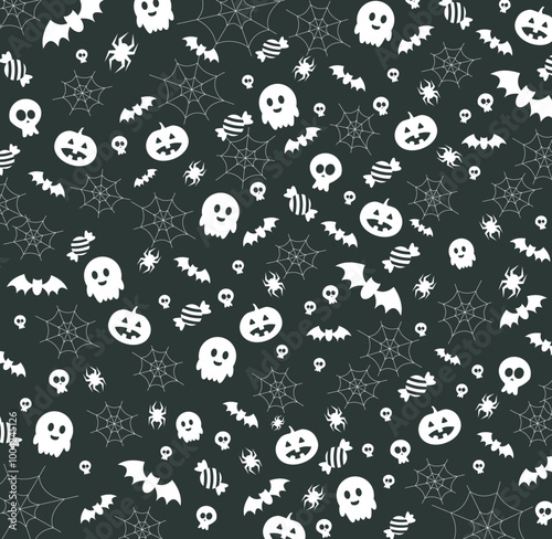 pattern background Halloween with skulls, bats, cobwebs, spiders, candies and ghosts photo